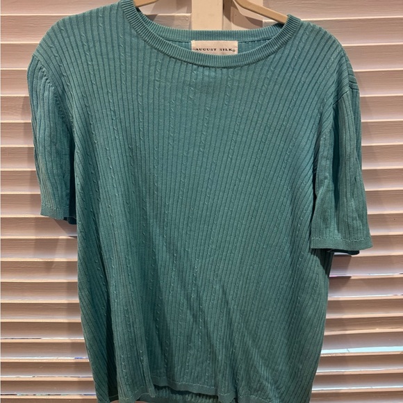 august silk Tops - August Silk 100% Silk Ribbed Knit Short Sleeve Sweater Teal 2X